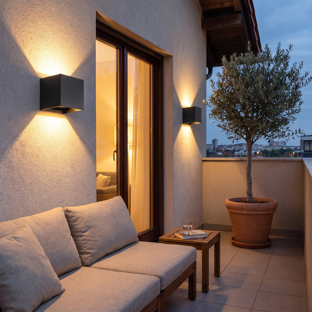 IP65 aluminium outdoor wall lamps flanking a terrace doorway at blue hour