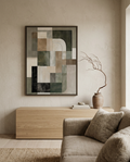 Mhemyo Green and Beige Japandi Abstract Oil Painting styled in a Japandi interior