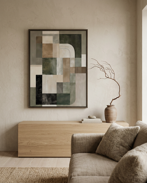 Mhemyo Green and Beige Japandi Abstract Oil Painting styled in a Japandi interior