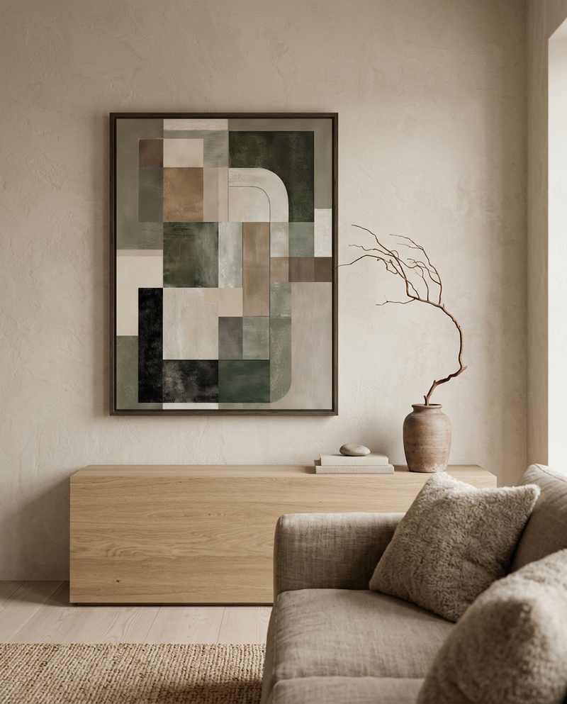 Mhemyo Green and Beige Japandi Abstract Oil Painting styled in a Japandi interior