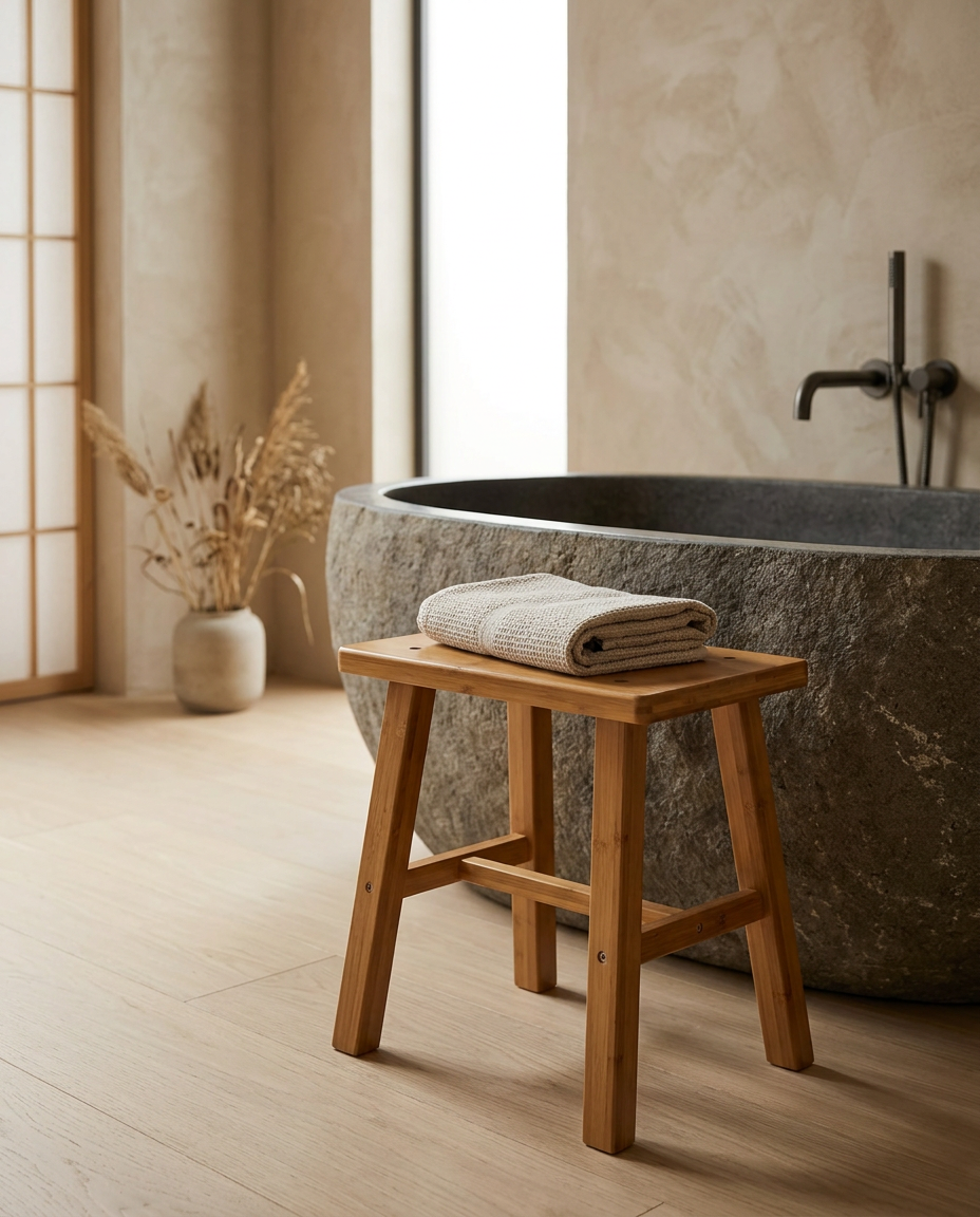 Thickened Nanzhu Mazar Wooden Stool Bench styled in a Japandi interior