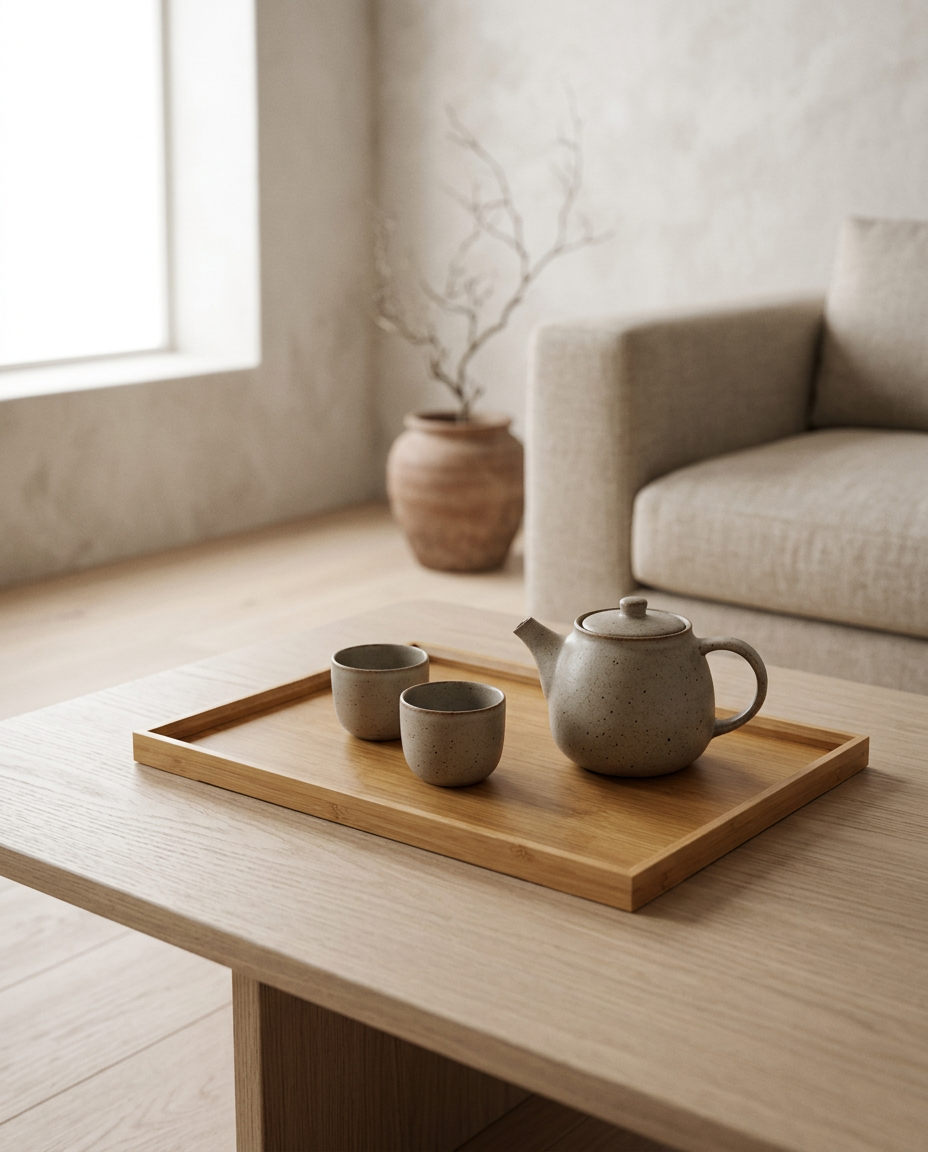 Natural Bamboo Wooden Decorative Tray styled in a Japandi interior