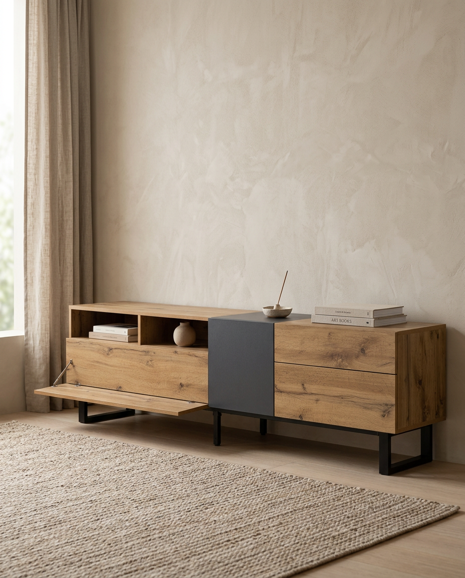 PINGGO Modern TV Cabinet Stand styled in a Japandi interior