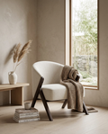 Mid Century Modern Linen Accent Chair styled in a Japandi interior