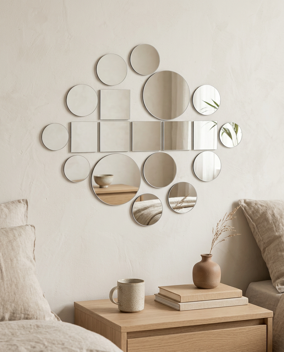 Round Wall Square Acrylic Mirror Stickers styled in a Japandi interior