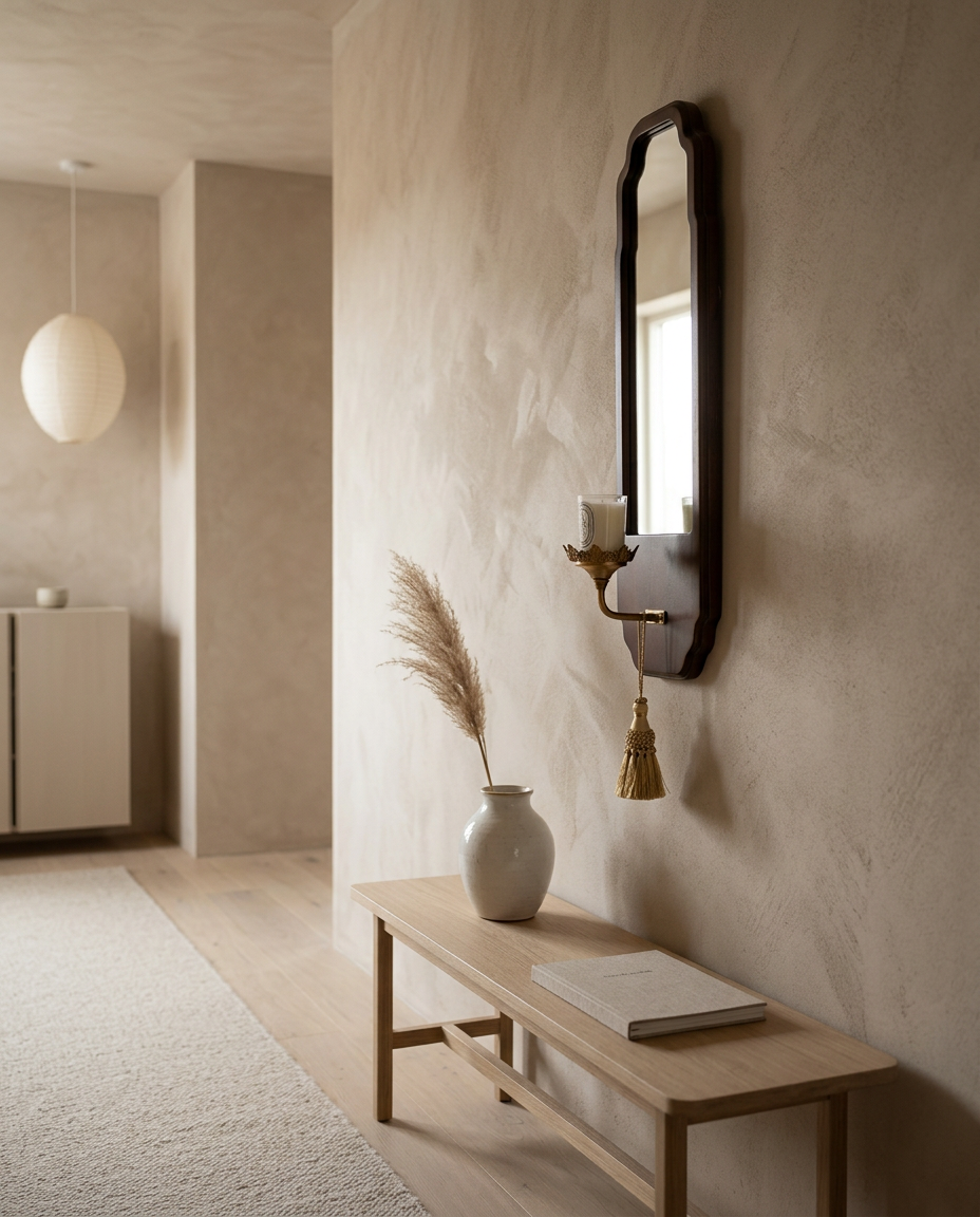French Vintage Wooden Wall Mirror with Candle Sconce styled in a Japandi interior