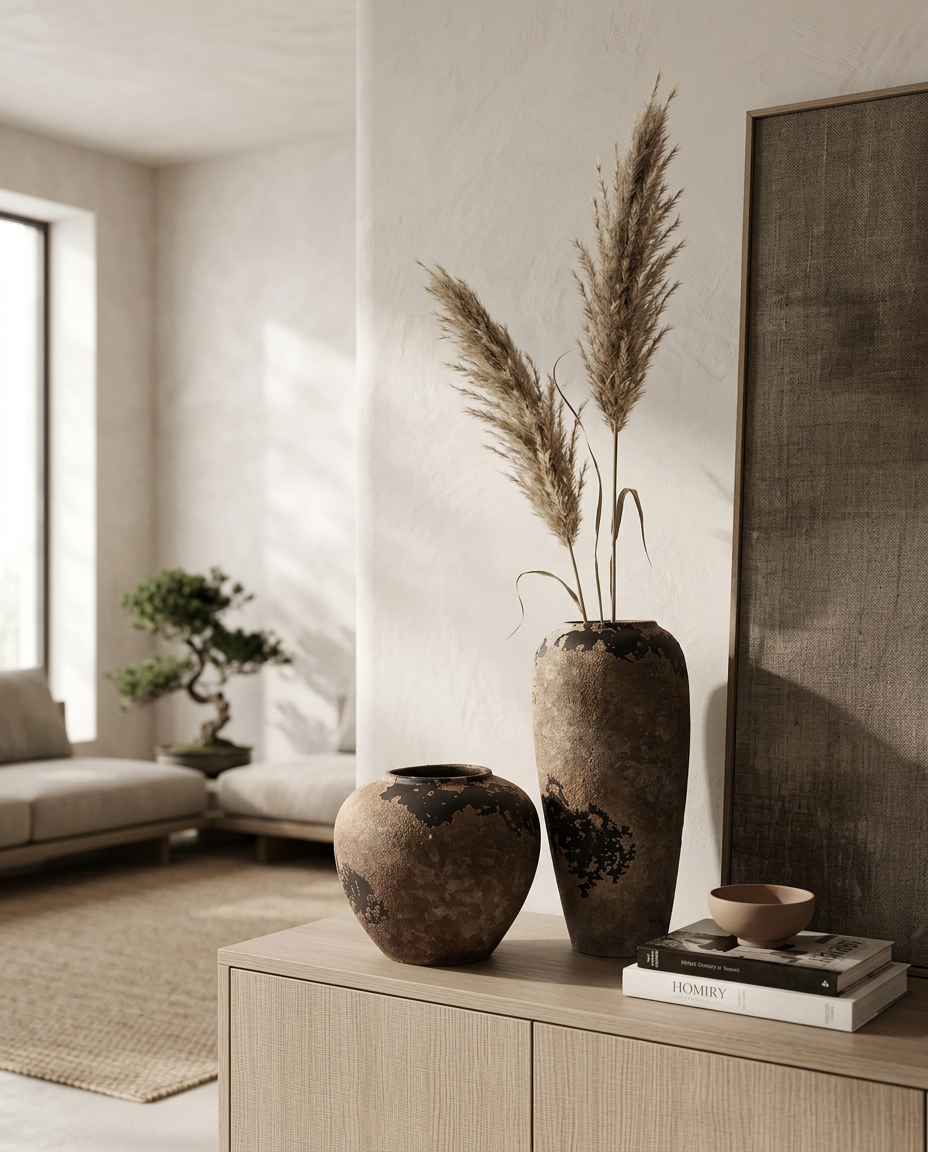 Ceramic Wabi Sabi Vase styled in a Japandi interior