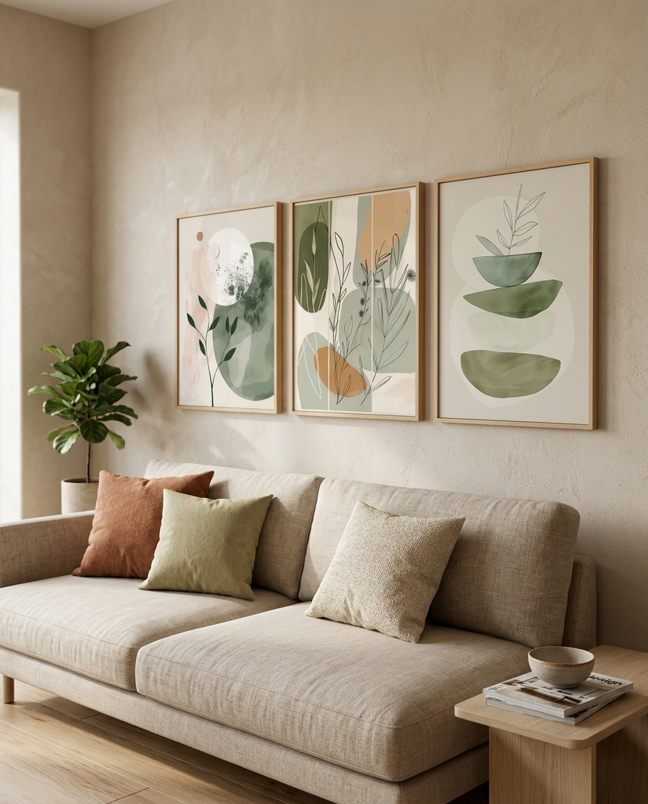 Bohemian Flower Plant Art Canvas Prints styled in a Japandi interior