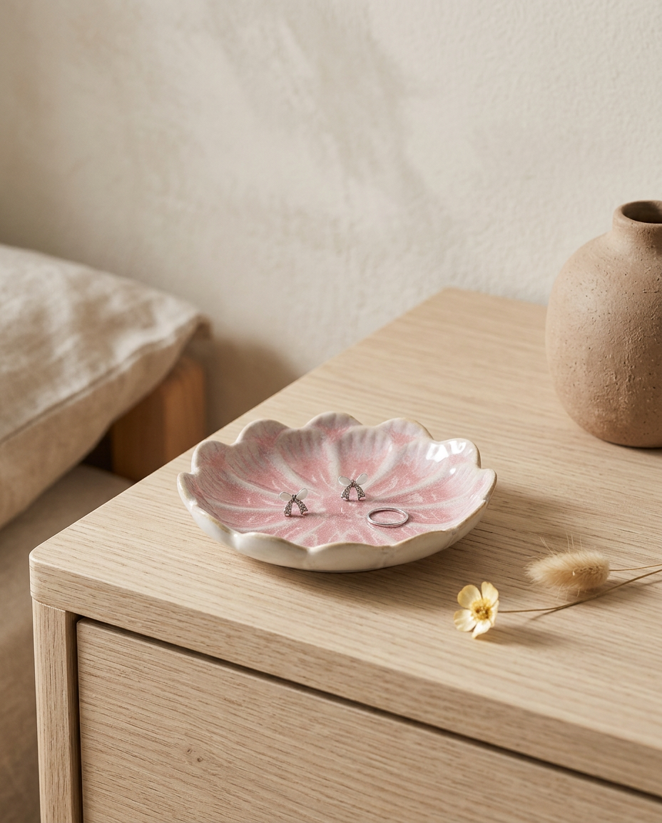 Minimalist Ceramic Lotus Jewelry Tray styled in a Japandi interior