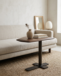 Modern walnut solid wood lift coffee side table styled in a Japandi interior