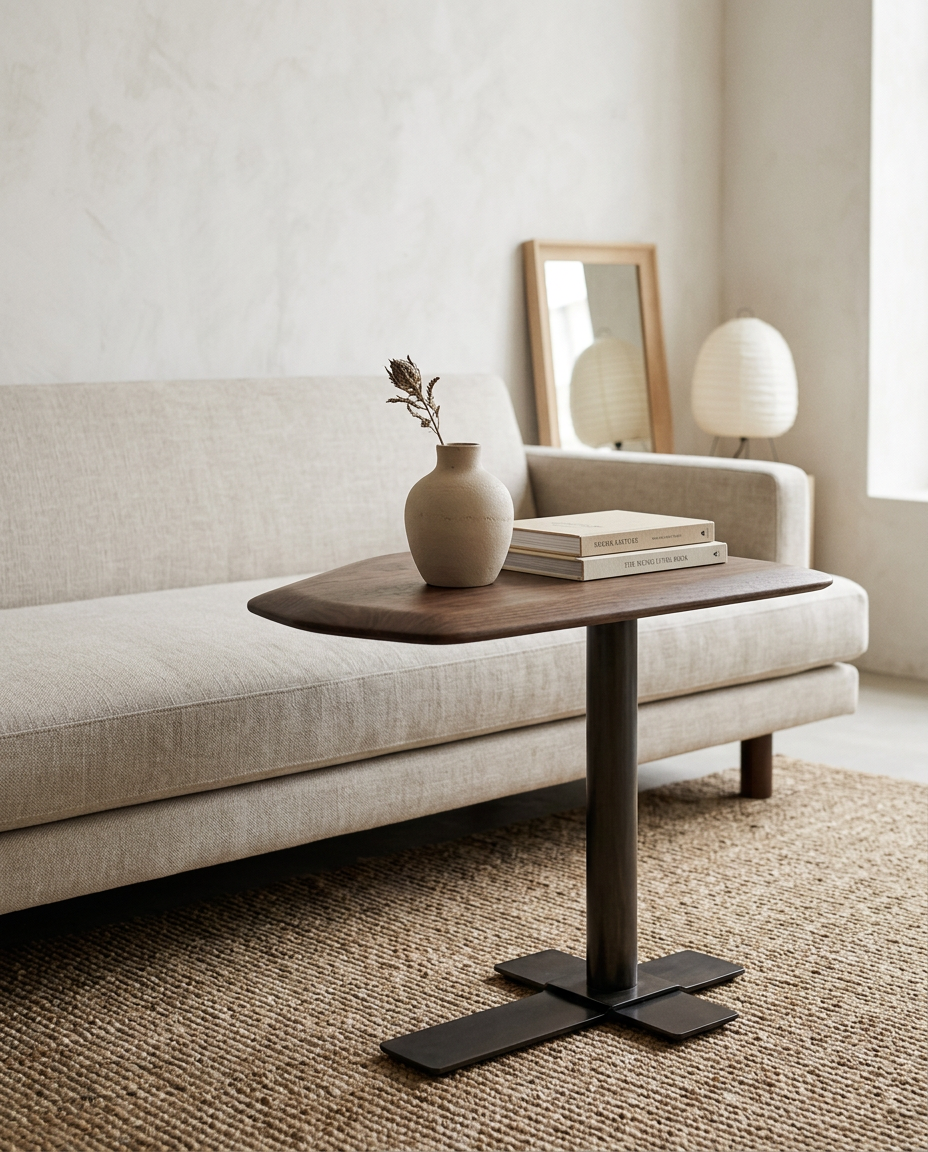 Modern walnut solid wood lift coffee side table styled in a Japandi interior