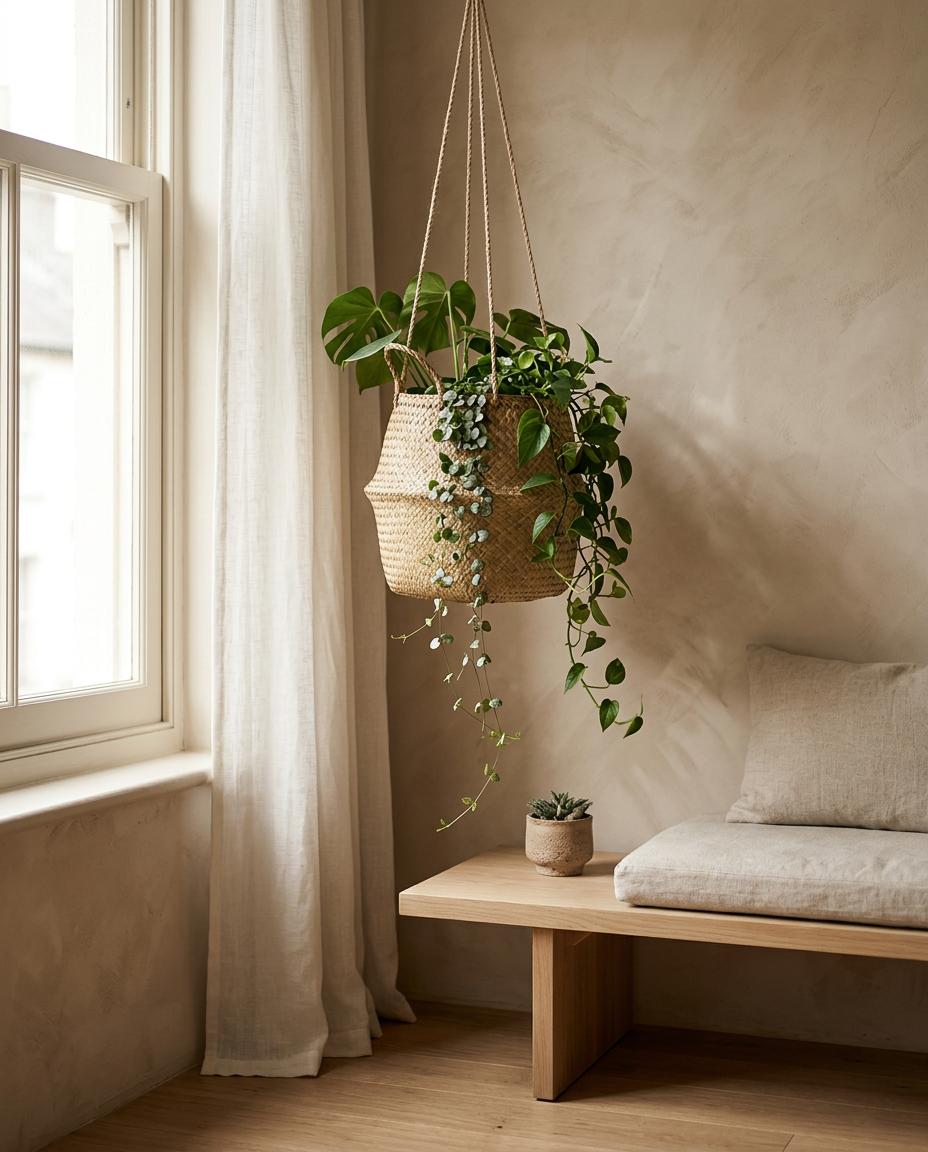 Seaweed Wicker Basket Rattan Hanging Flowerpot styled in a Japandi interior