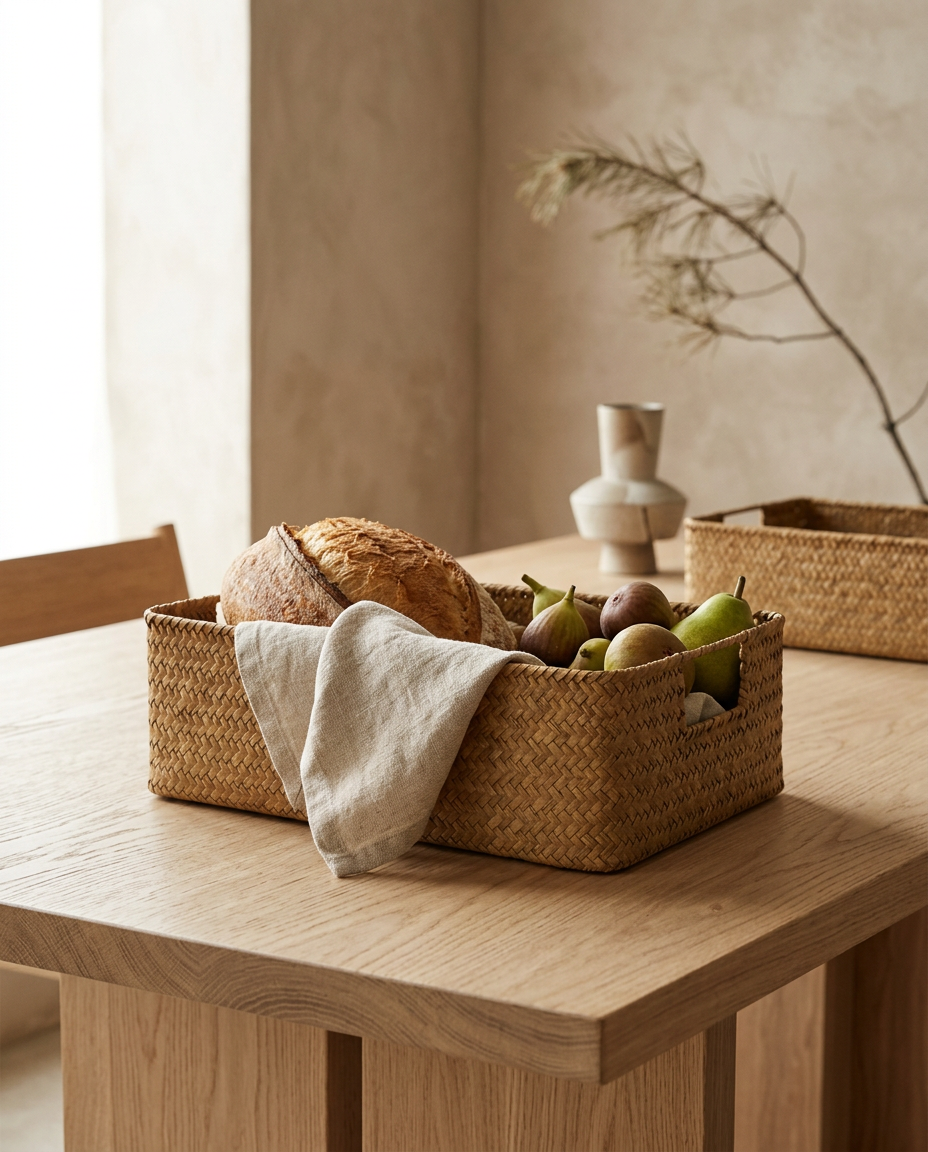Woven Seagrass Basket for Home Decor styled in a Japandi interior