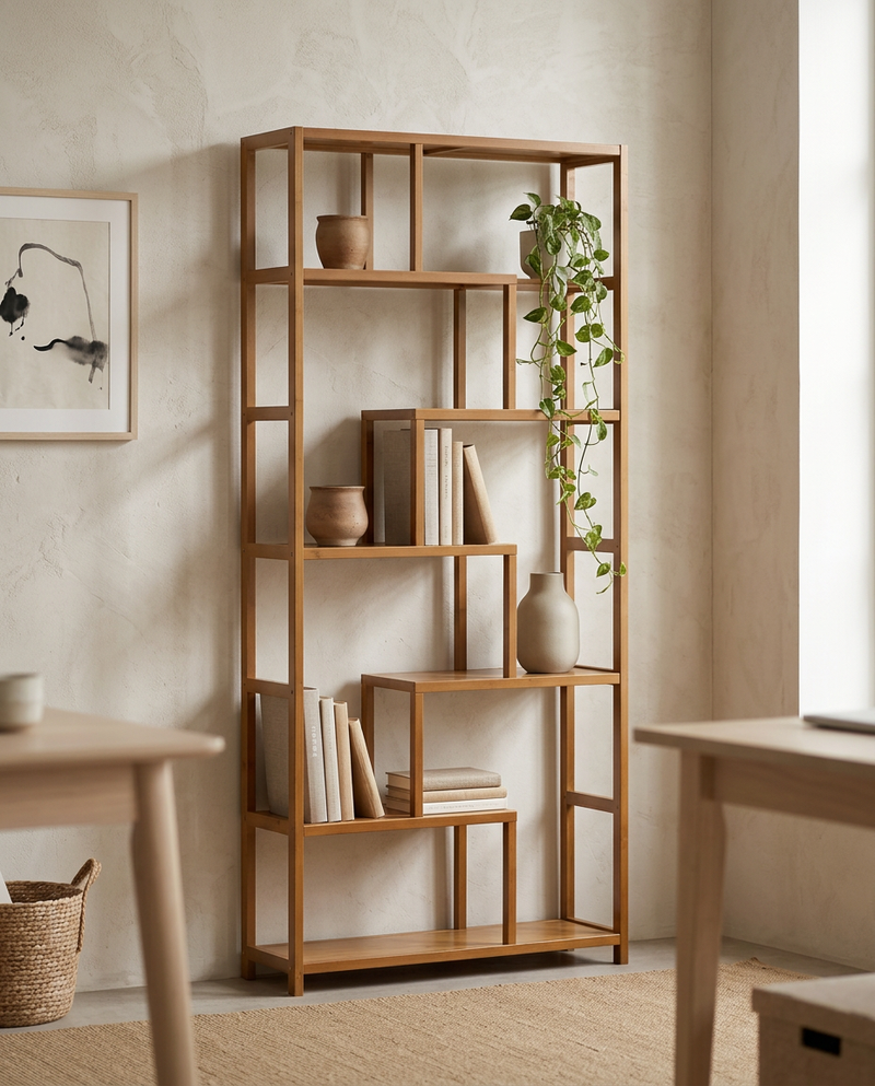 7-layer modern wooden bookcase styled in a Japandi interior