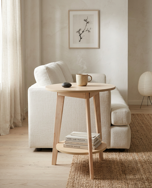 2-Tier Round Wooden Coffee Side Table styled in a Japandi interior
