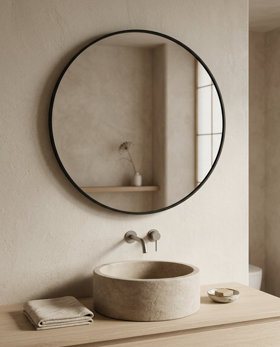 Nordic Round Framed Wall Mirror styled in a Japandi interior