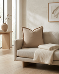 Neutral Linen Fringe Throw Pillow Cover styled in a Japandi interior
