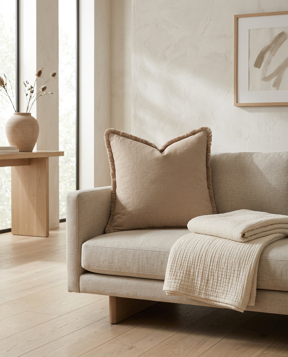 Neutral Linen Fringe Throw Pillow Cover styled in a Japandi interior