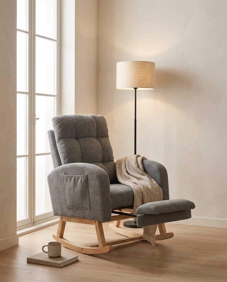 Rocking Chair with Adjustable Footrest styled in a Japandi interior