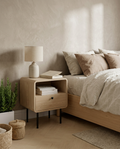 Oak Bedside Table with Drawer styled in a Japandi interior