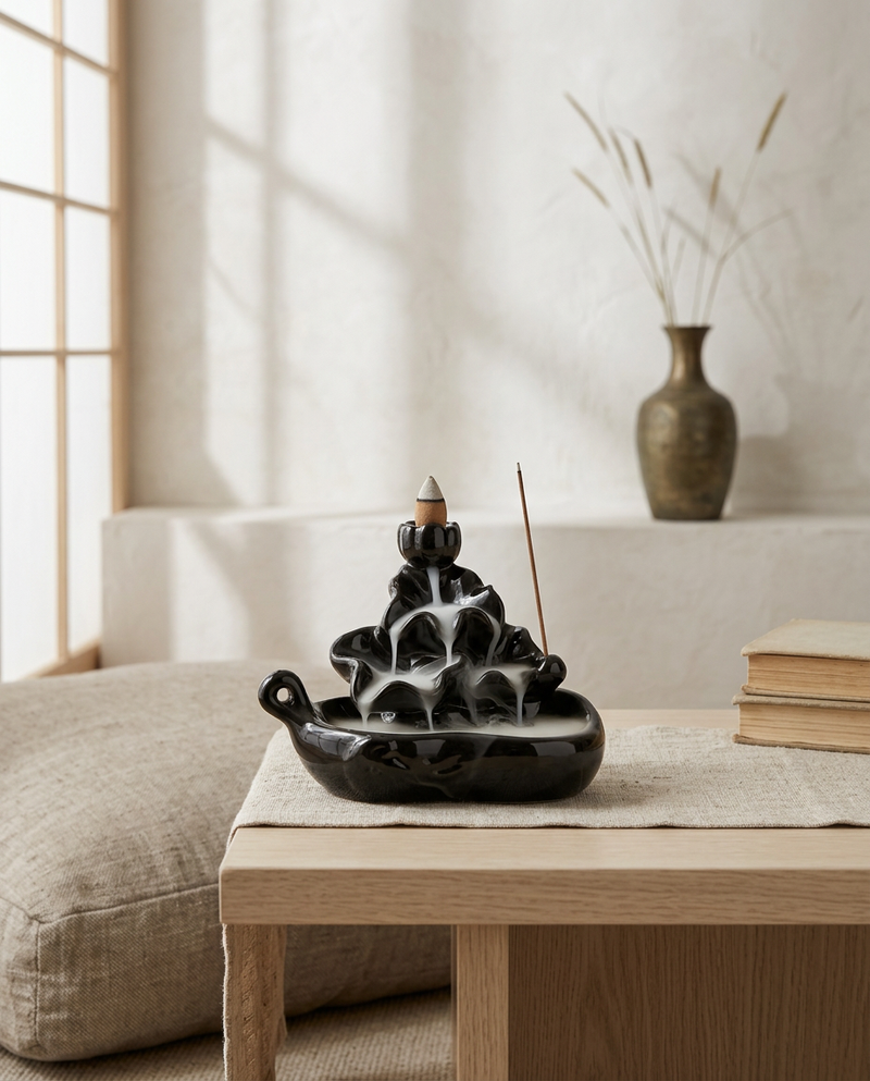 Mini Backflow Waterfall Incense Burner styled in a Japandi interior