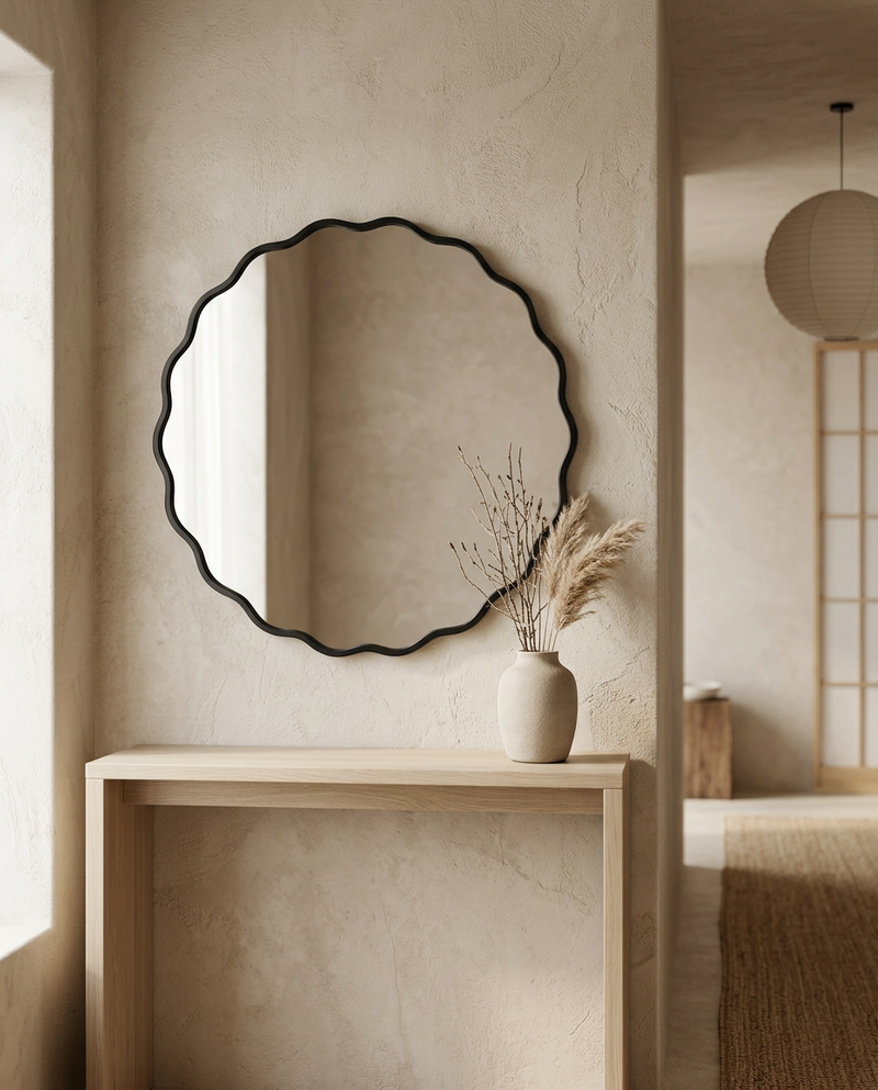 Wavy Edge Wall Mirror 80cm styled in a Japandi interior