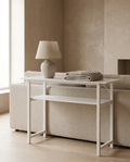 Warm White Double-Tier Behind Sofa Console Table styled in a Japandi interior