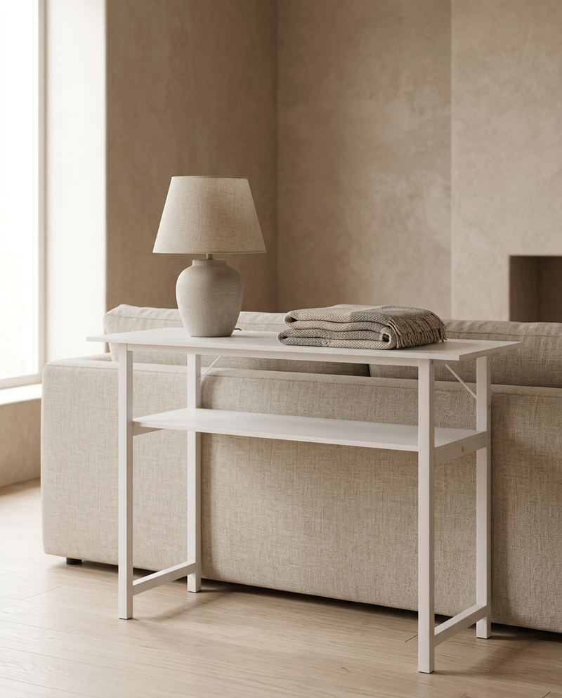Warm White Double-Tier Behind Sofa Console Table styled in a Japandi interior