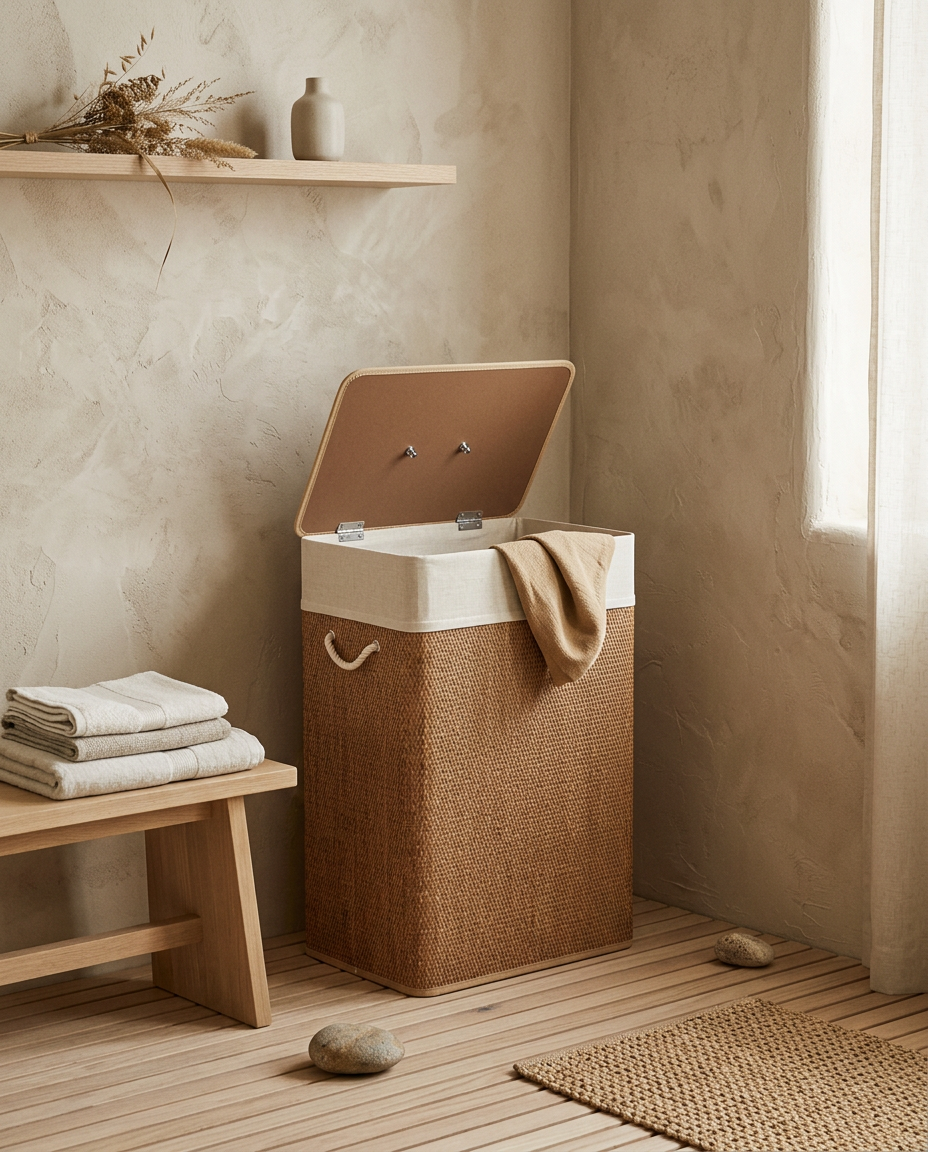 Large Rattan Laundry Hamper With Lid styled in a Japandi interior
