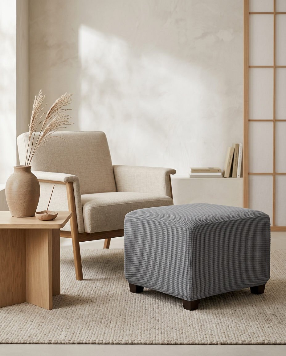 Stretch Ottoman Cover styled in a Japandi interior