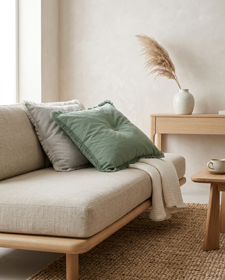 Tasselled Cushion Cover styled in a Japandi interior