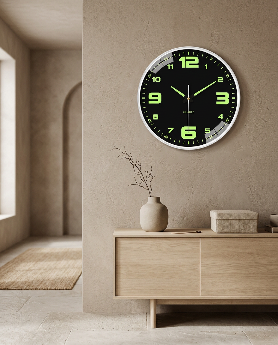 Silent Luminous Wall Clock styled in a Japandi interior