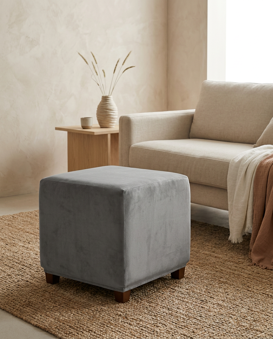 Velvet Ottoman Cover styled in a Japandi interior