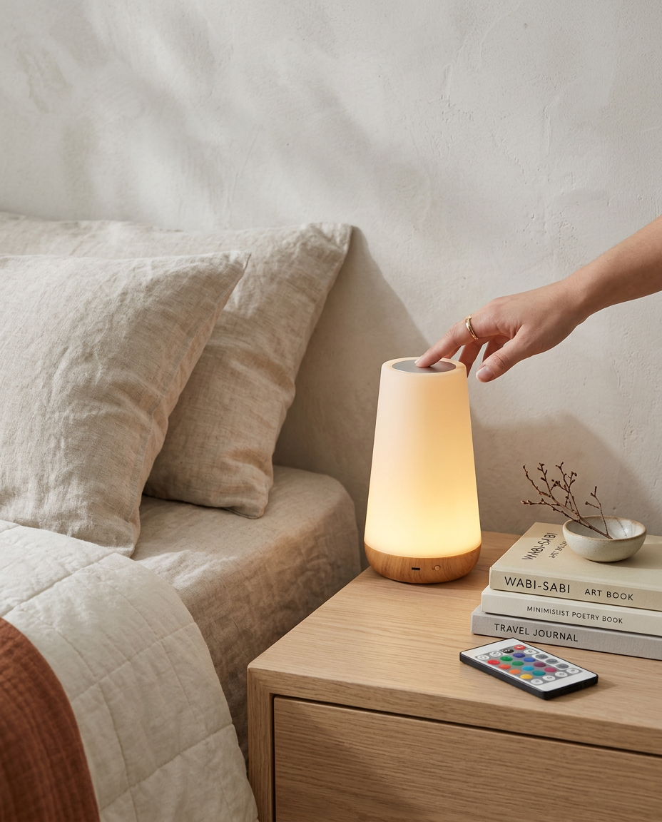 Colour Changing Bedside Lamp styled in a Japandi interior