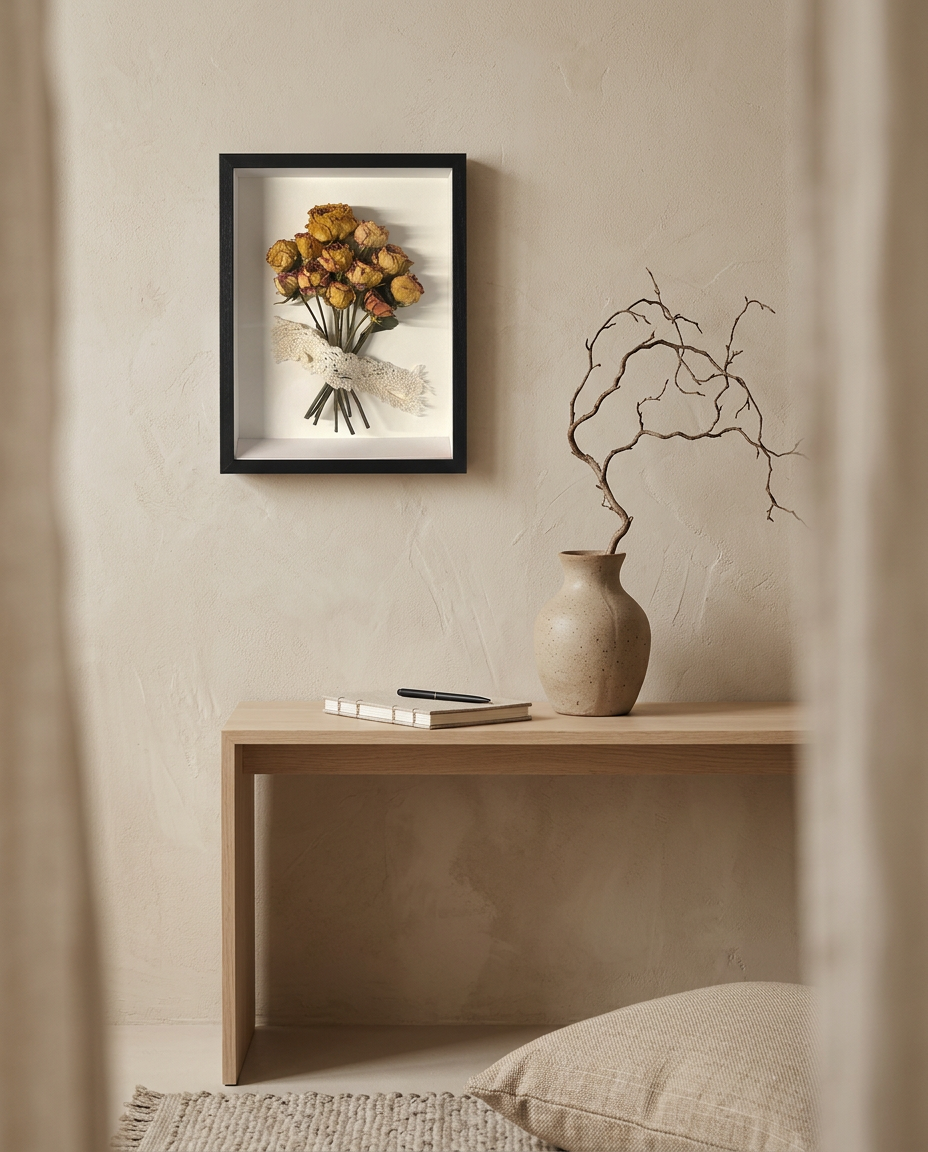 Wooden Shadow Box Frame styled in a Japandi interior
