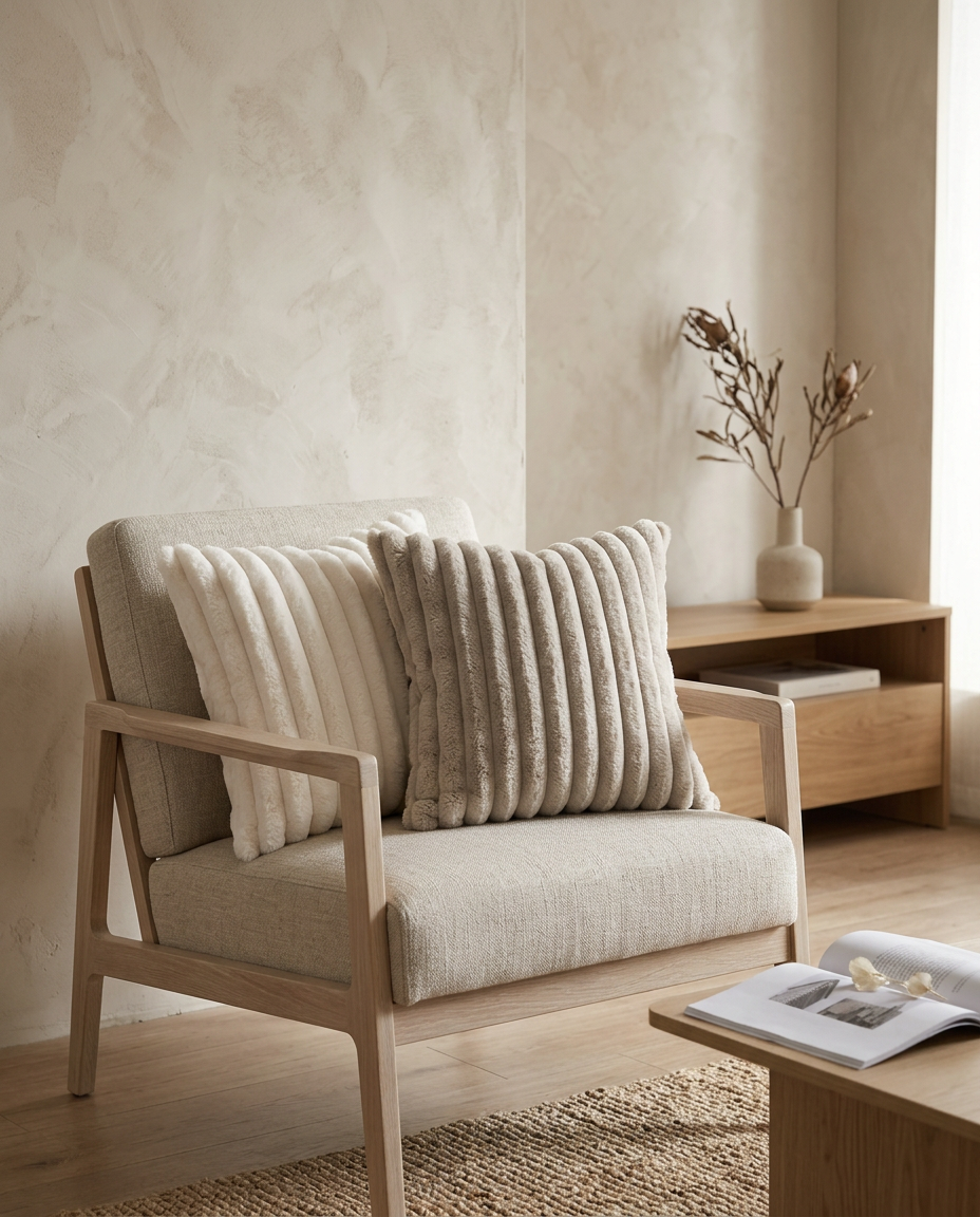 Striped Plush Cushion Cover styled in a Japandi interior