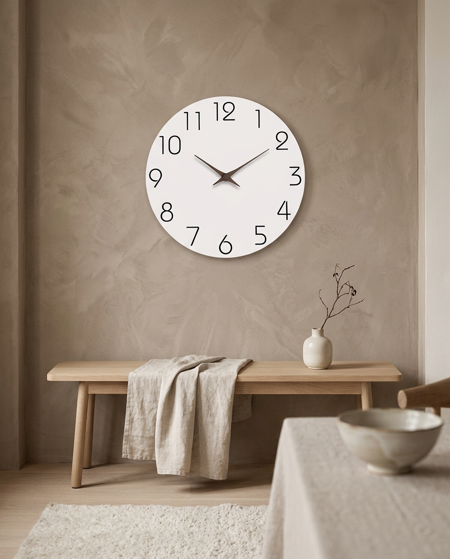 Wooden Silent Wall Clock styled in a Japandi interior