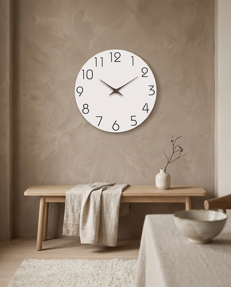 Wooden Silent Wall Clock styled in a Japandi interior