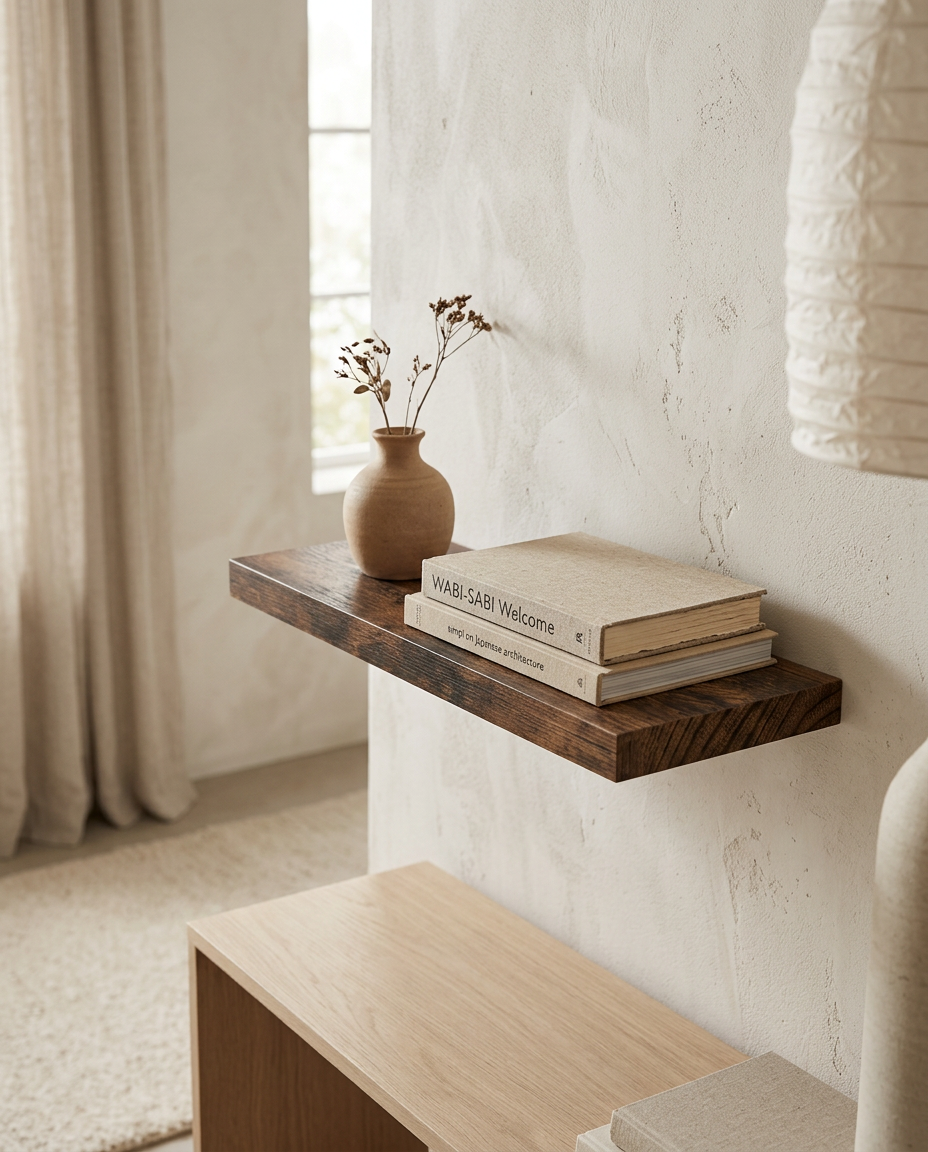 Invisible Bracket Floating Shelf styled in a Japandi interior
