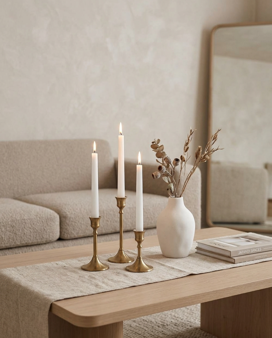 Metal Candle Holders (Set of 3) styled in a Japandi interior