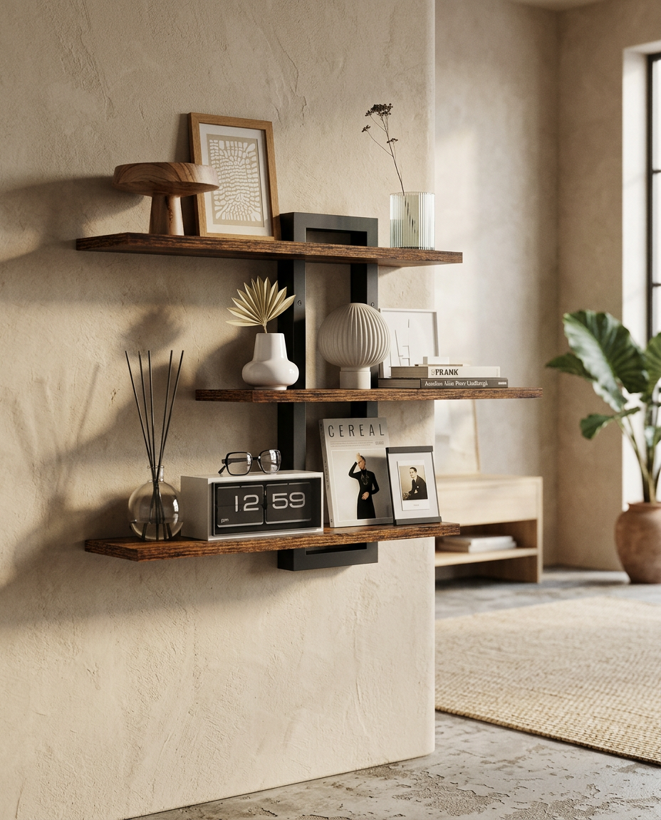 Wooden Floating Shelves (Set of 3) styled in a Japandi interior