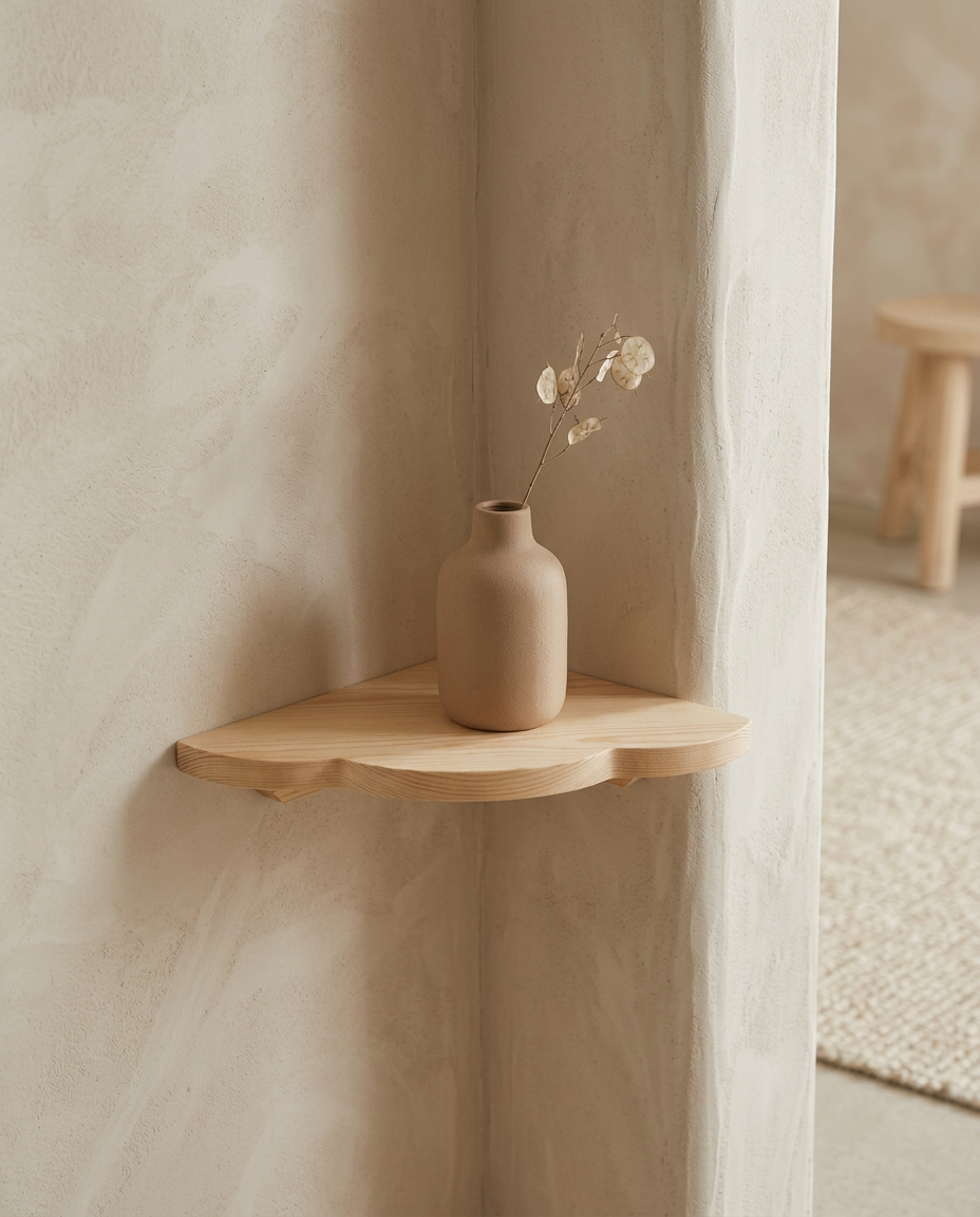 Scalloped Corner Shelf styled in a Japandi interior
