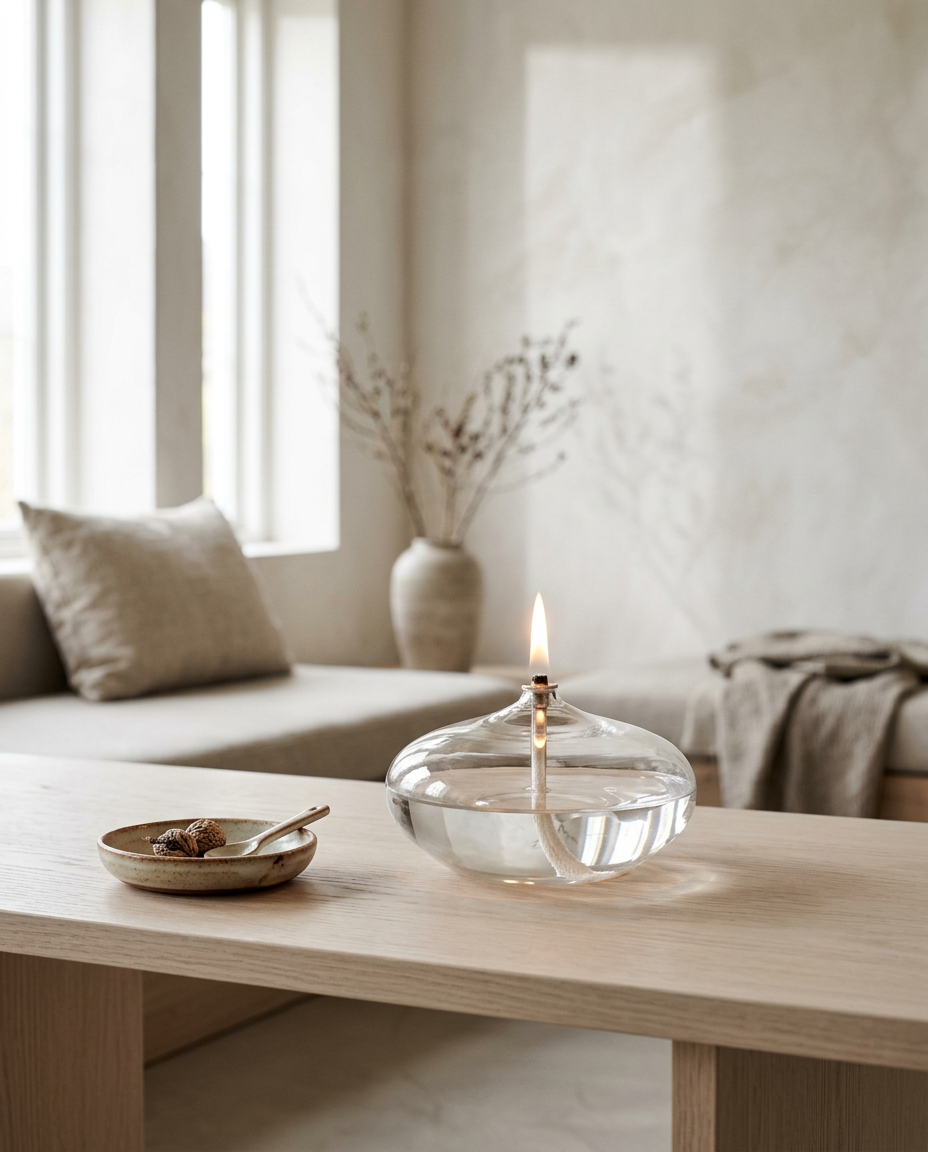 Glass Oil Lamp Candle Holder styled in a Japandi interior
