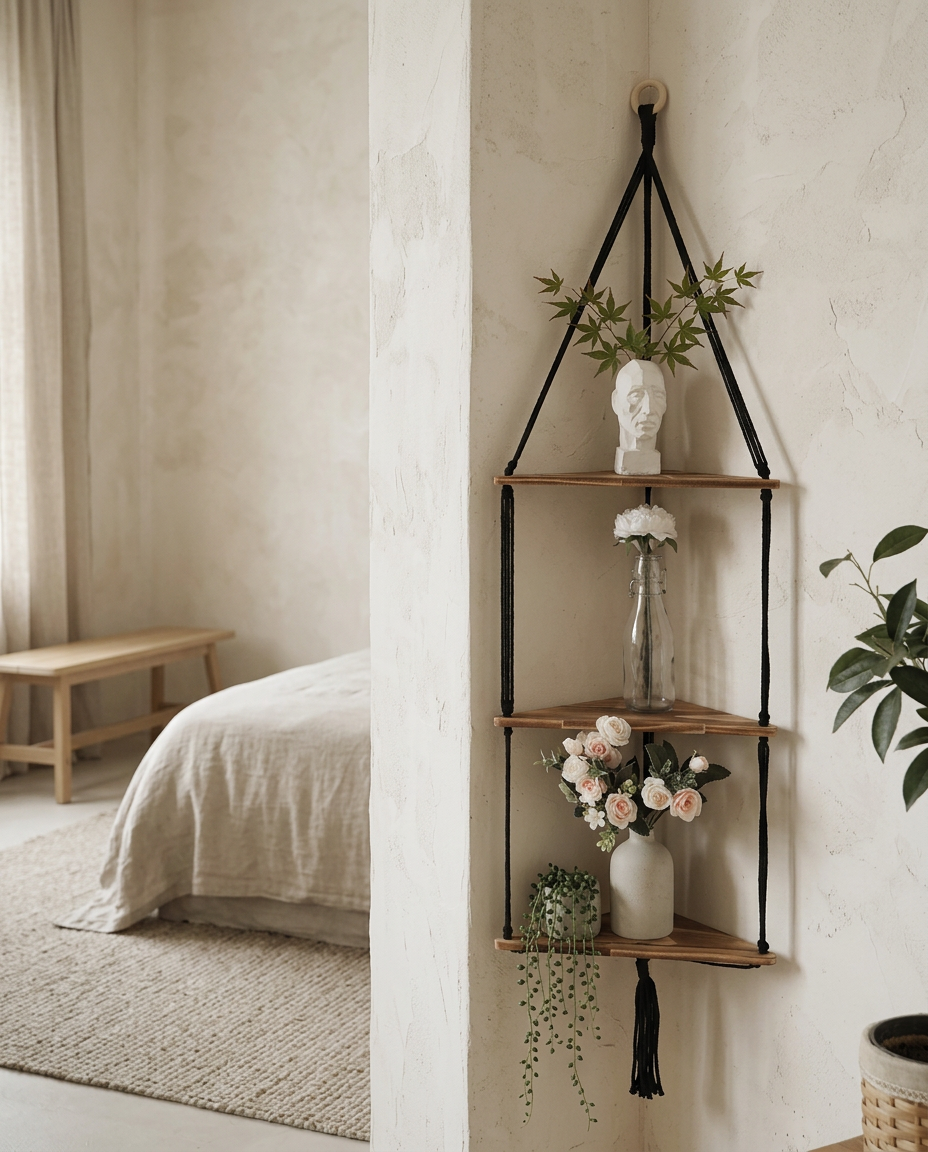 Macrame Corner Shelf styled in a Japandi interior