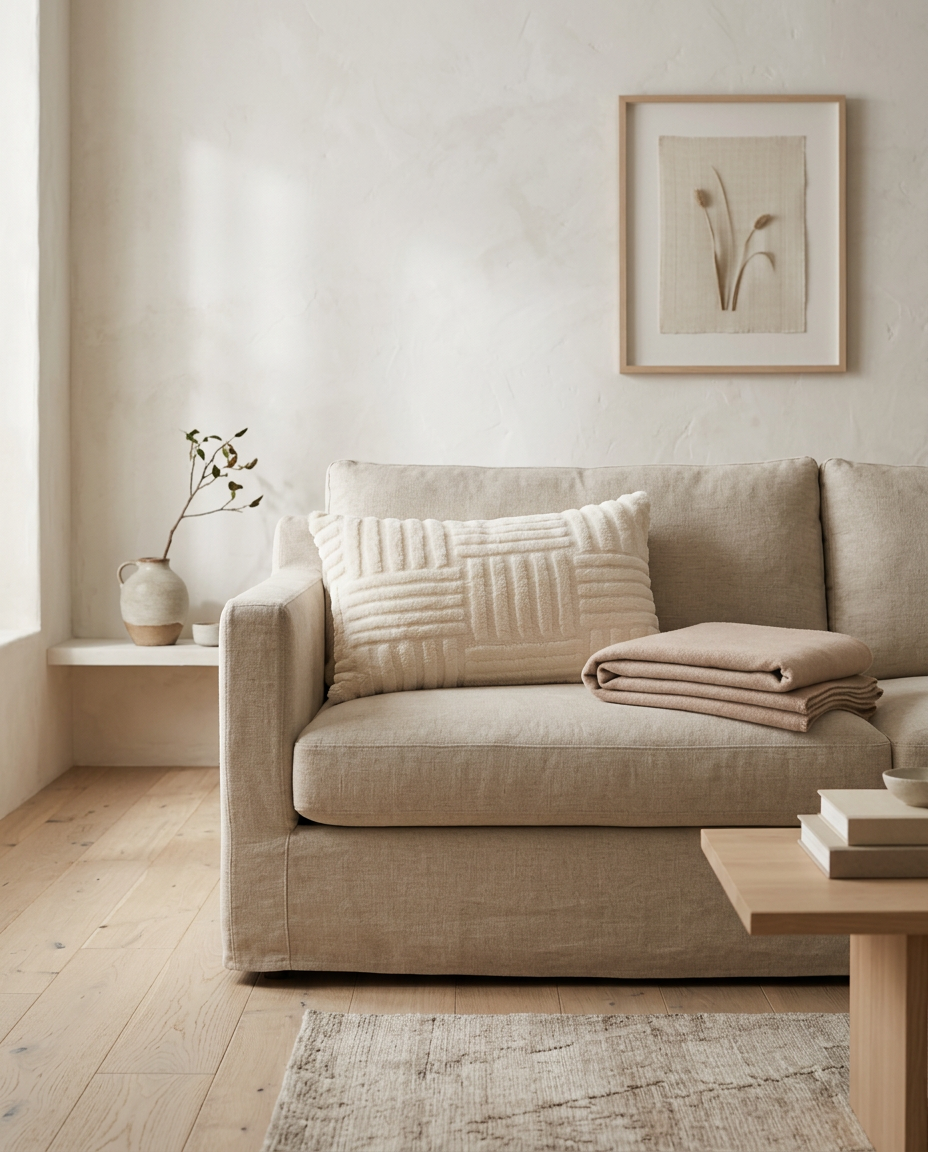 Faux Fur Cushion Cover styled in a Japandi interior