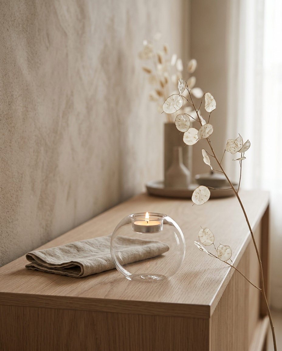 Round Glass Candle Holder styled in a Japandi interior