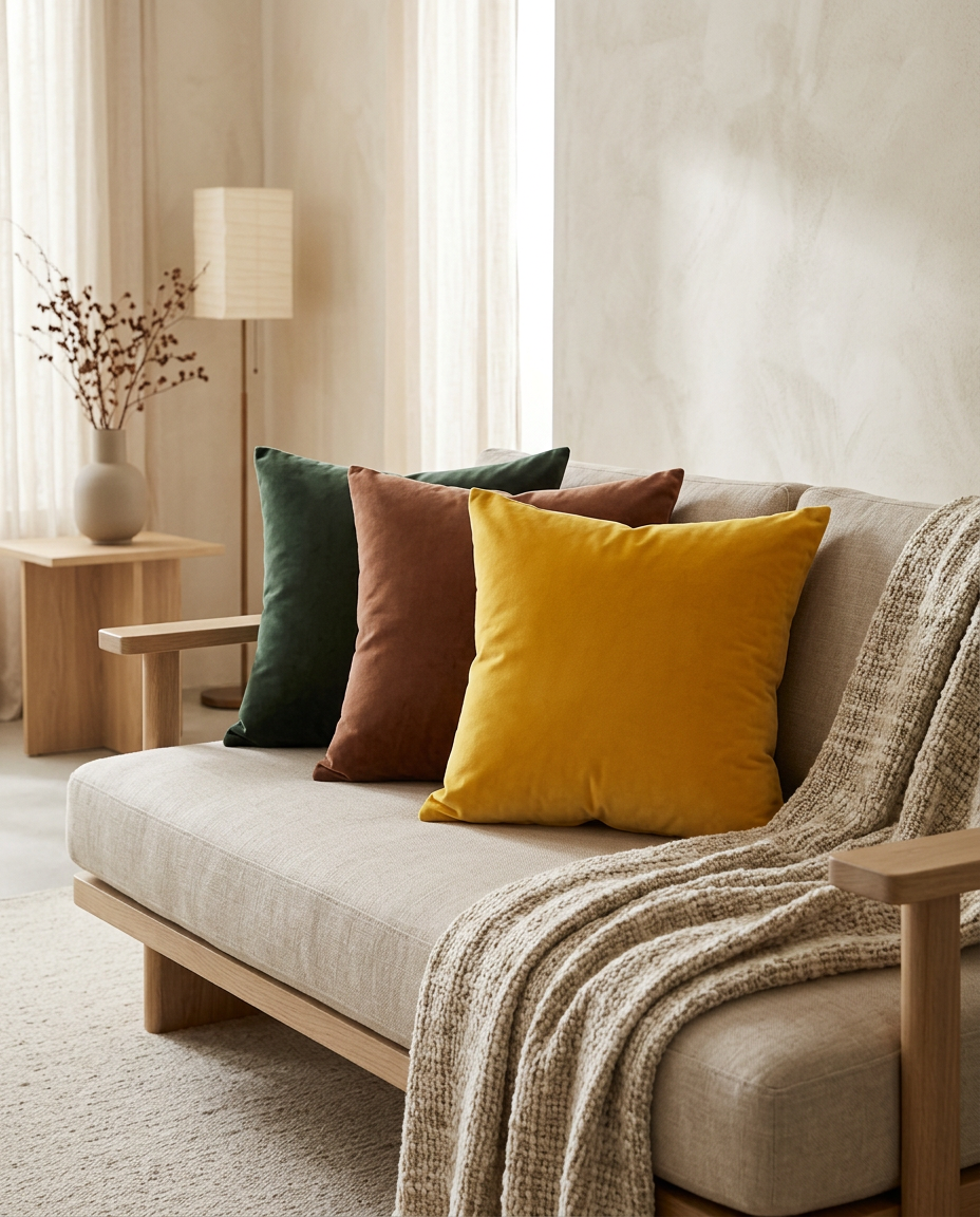 Velvet Cushion Cover styled in a Japandi interior