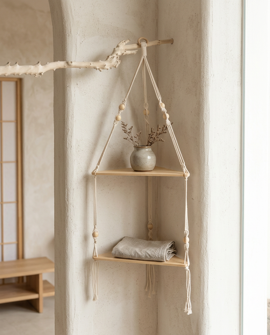 Wooden Corner Wall Shelf styled in a Japandi interior
