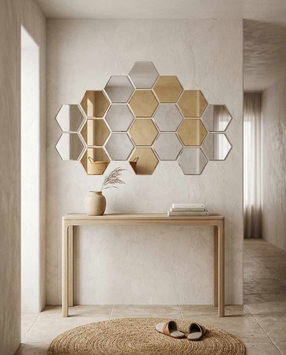 Hexagon Mirror Wall Tiles styled in a Japandi interior