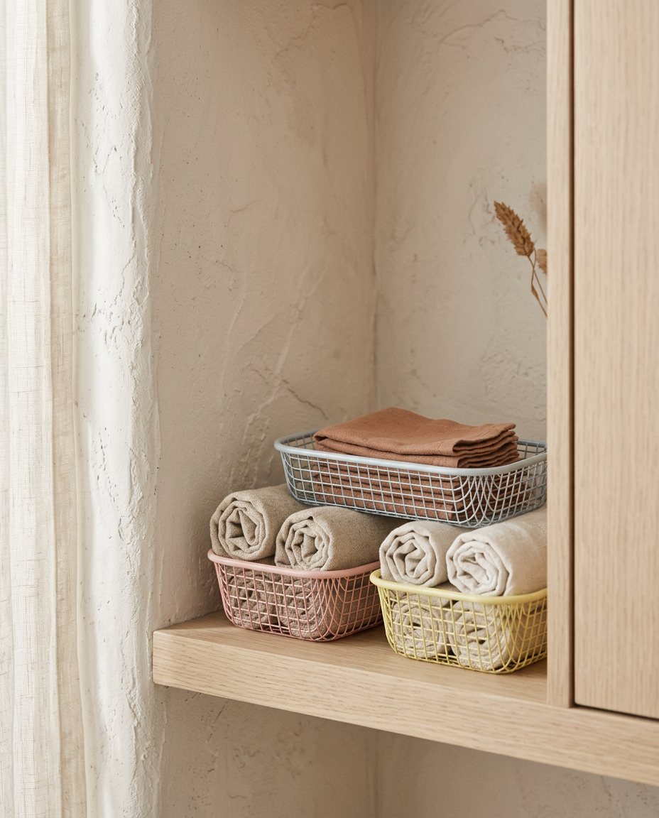 Metal Wire Storage Basket styled in a Japandi interior